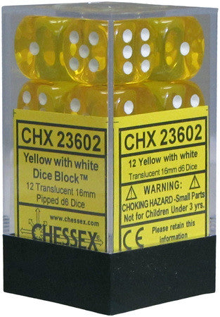 Chessex D6 Translucent 16mm d6 Yellow/white Dice Block (12 dice)