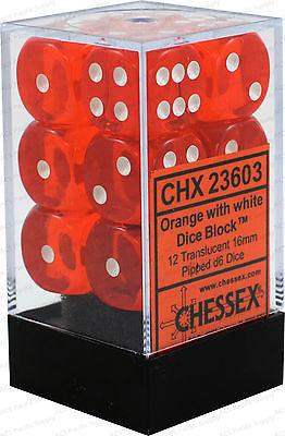 D6 Dice Translucent 16mm Orange/White (12 Dice in Display)