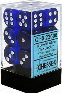 Chessex D6 Translucent 16mm d6 Blue/white Dice Block (12 dice)