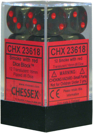 Chessex D6 Translucent 16mm d6 Smoke/red Dice Block (12 dice)
