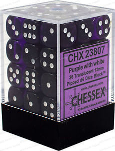 D6 Dice Translucent 12mm Purple/White (36 Dice in Display)