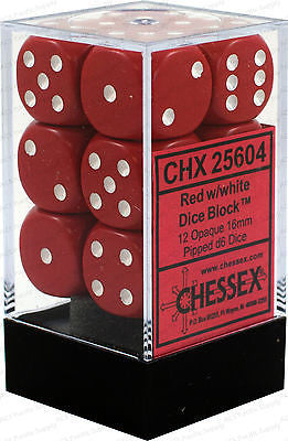 Chessex D6 Opaque 16mm d6 Red/white Dice Block (12 dice)