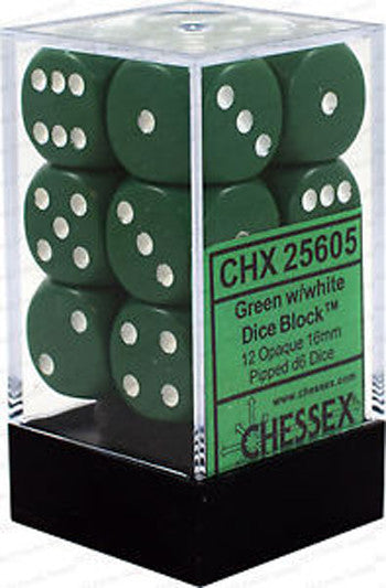 Chessex D6 Opaque 16mm d6 Green/white Dice Block (12 dice)