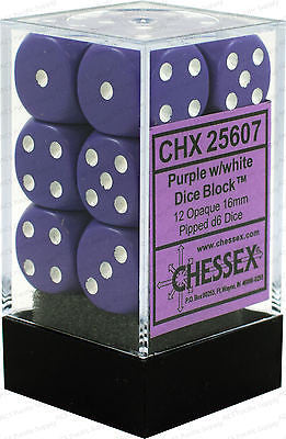 Chessex D6 Opaque 16mm d6 Purple/white Dice Block (12 dice)