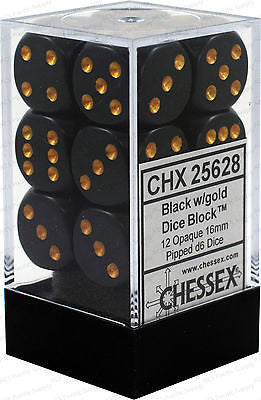 Chessex D6 Opaque 16mm d6 Black/gold Dice Block (12 dice)