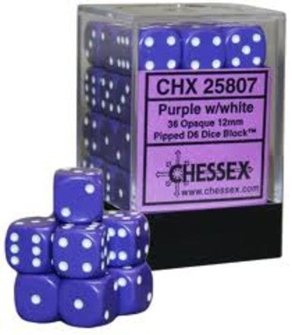D6 Dice Opaque 12mm Purple/White (36 Dice in Display)