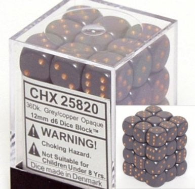 D6 Dice Opaque 12mm Dark Grey/Copper (36 Dice in Display)