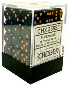 Chessex D6 Opaque 12mm d6 Black/gold Dice Block (36 dice)
