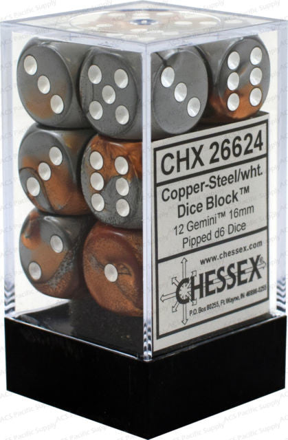 Chessex D6 Gemini 16mm d6 Copper-Steel/white Dice Block (12 dice)