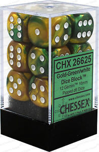 Chessex D6 Gemini 16mm d6 Gold-Green/white Dice Block (12 dice)