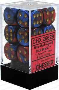 Chessex D6 Gemini 16mm d6 Blue-Red/gold Dice Block (12 dice)