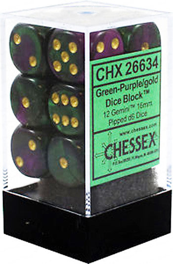 Chessex D6 Gemini 16mm d6 Green-Purple/gold Dice Block (12 dice)