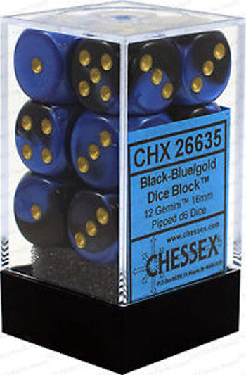 Chessex D6 Gemini 16mm d6 Black-Blue/gold Dice Block (12 dice)
