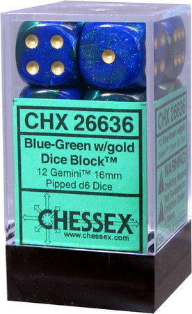 Chessex D6 Gemini 16mm d6 Blue-Green/gold Dice Block (12 dice)