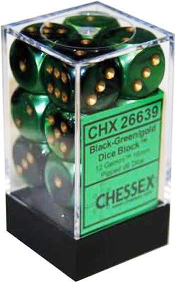 Chessex D6 Gemini 16mm d6 Black-Green/gold Dice Block (12 dice)