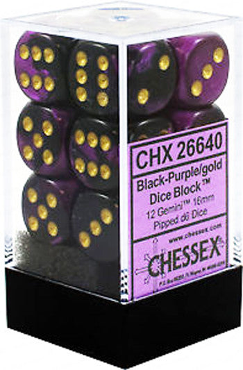 Chessex D6 Gemini 16mm d6 Black-Purple/gold Dice Block (12 dice)
