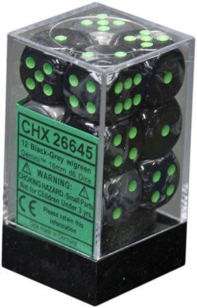 Chessex D6 Gemini 16mm d6 Black-Grey/green Dice Block (12 dice)