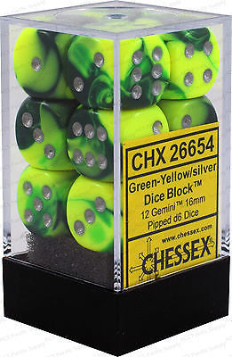 Chessex D6 Gemini 16mm d6 Green-Yellow/silver Dice Block (12 dice)
