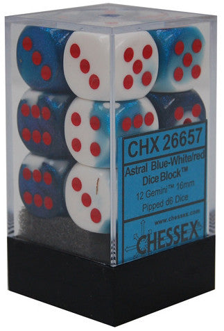 Chessex D6 Gemini 16mm d6 Astral Blue-White/red Dice Block (12 dice)