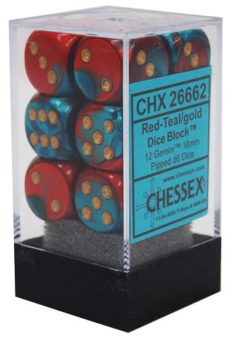 Chessex D6 Gemini 16mm d6 Red-Teal/gold Dice Block (12 dice)