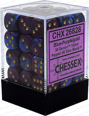 Chessex D6 Gemini 12mm d6 Blue-Purple/gold Dice Block (36 dice)