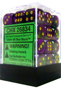 Chessex D6 Gemini 12mm d6 Green-Purple/gold Dice Block (36 dice)