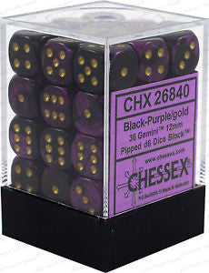 Chessex D6 Gemini 12mm d6 Black-Purple/gold Dice Block (36 dice)