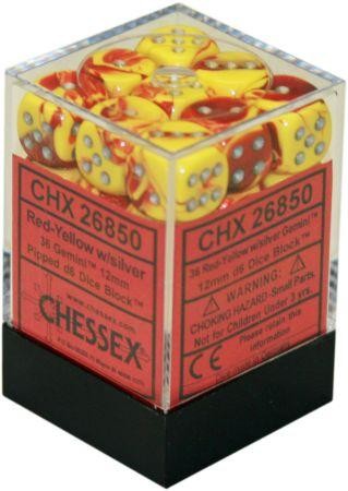 Chessex D6 Gemini 12mm d6 Red-Yellow/silver Dice Block (36 dice)