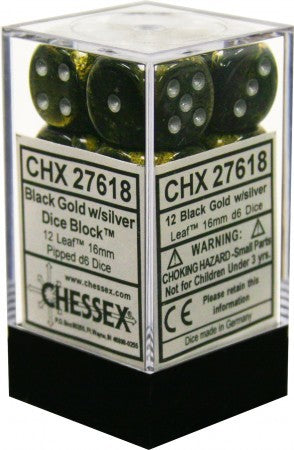 Chessex D6 Leaf 16mm d6 Black Gold/silver Dice Block (12 dice)