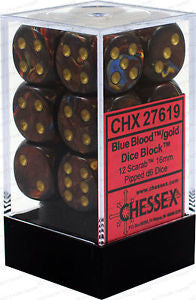 Chessex D6 Scarab 16mm d6 Blue Blood/gold Dice Block (12 dice)