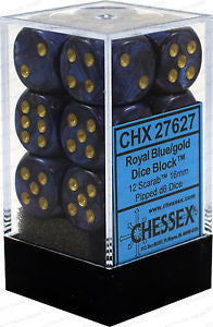 Chessex D6 Scarab 16mm d6 Royal Blue/gold Dice Block (12 dice)