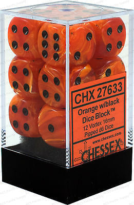 Chessex D6 Vortex 16mm d6 Orange/black Dice Block (12 dice)