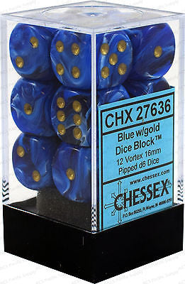 Chessex D6 Vortex 16mm d6 Blue/gold Dice Block (12 dice)
