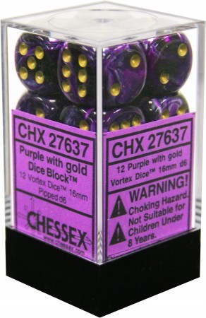Chessex D6 Vortex 16mm d6 Purple/gold Dice Block (12 dice)