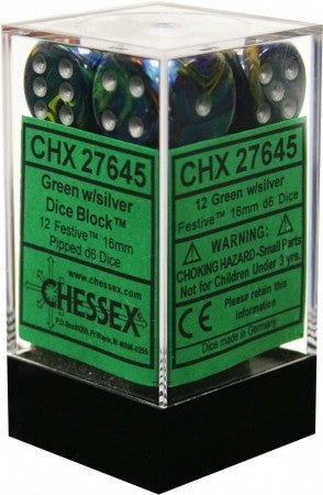 Chessex D6 Festive 16mm d6 Green/silver Dice Block (12 dice)