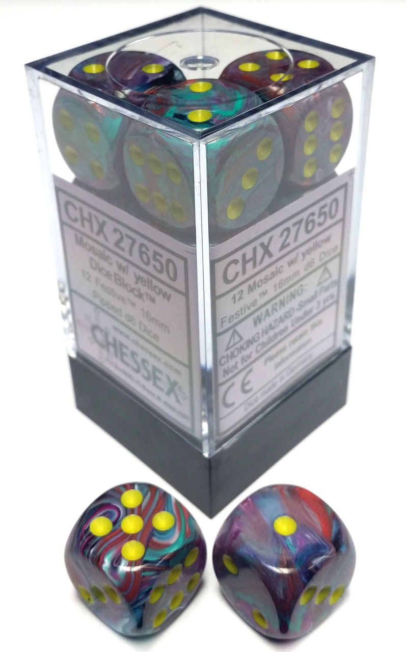 Chessex D6 Festive 16mm d6 Mosaic/yellow Dice Block (12 dice)