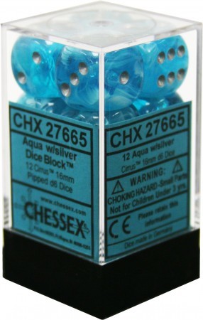 Chessex D6 Cirrus 16mm d6 Aqua/silver Dice Block (12 dice)