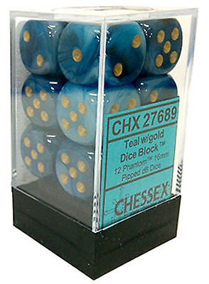 Chessex D6 Phantom 16mm d6 Teal/gold Dice Block (12 dice)