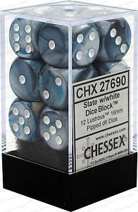 Chessex D6 Lustrous 16mm d6 Slate/white Dice Block (12 dice)