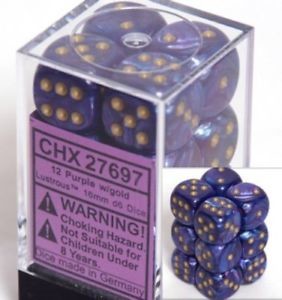 Chessex D6 Lustrous 16mm d6 Purple/gold Dice Block (12 dice)