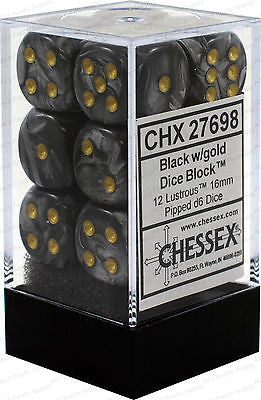 Chessex D6 Lustrous 16mm d6 Black/gold Dice Block (12 dice)