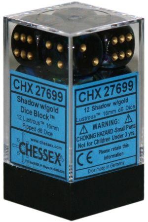 Chessex D6 Lustrous 16mm d6 Shadow/gold Dice Block (12 dice)