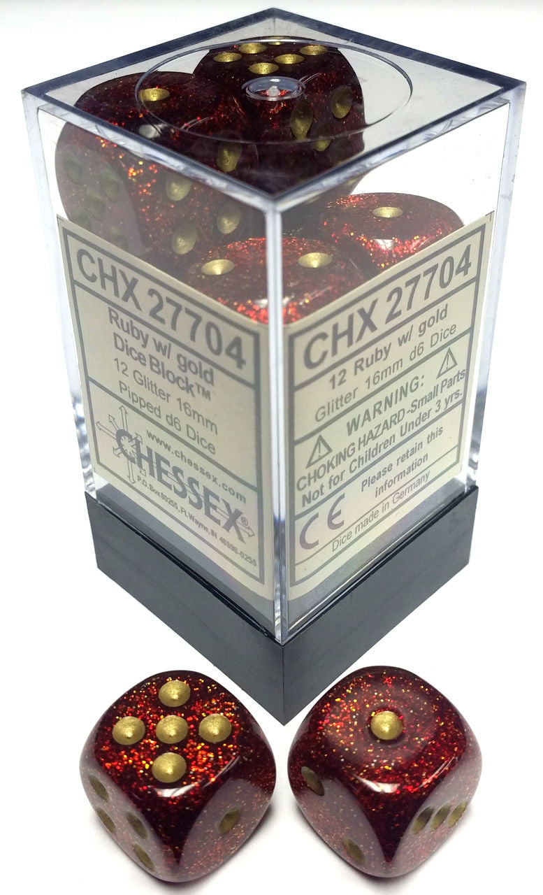 Chessex D6 Glitter 16mm d6 Ruby/gold Dice Block (12 dice)