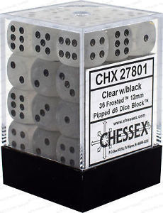 Chessex D6 Frosted 12mm d6 Clear/black Dice Block (36 dice)
