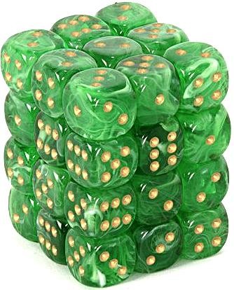 Chessex D6 Vortex 12mm d6 Green/gold Dice Block (36 dice)