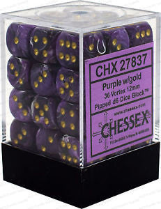 Chessex D6 Vortex 12mm d6 Purple/gold Dice Block (36 dice)
