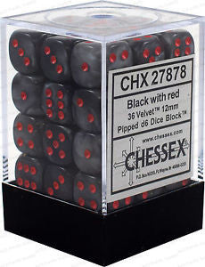 Chessex D6 Velvet 12mm d6 Black/red Dice Block (36 dice)