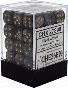 Chessex D6 Lustrous 12mm d6 Black/gold Dice Block (36 dice)