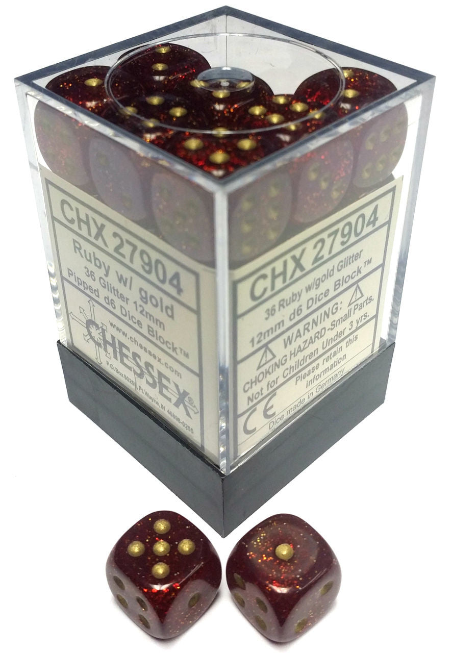 D6 Dice Glitter 12mm Ruby/Gold (36 Dice in Display)