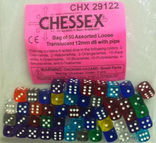 BULK D6 Dice Assorted Loose Translucent 12mm with Pip (50 Dice in Bag)